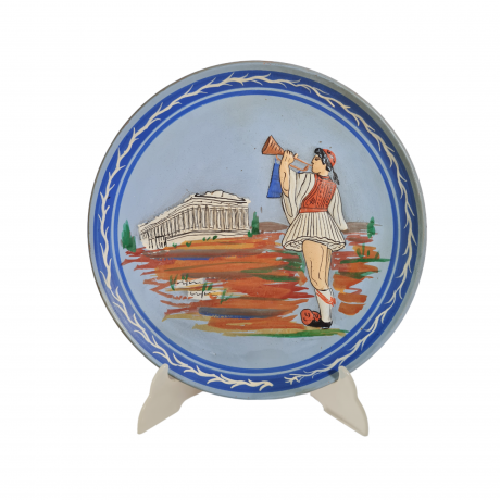 Тарелка декоративная винтажная, синяя керамика в греческом стиле, 28 x 3 см, Греция, 1970-80гг.