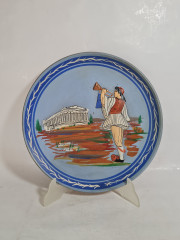 Тарелка декоративная винтажная, синяя керамика в греческом стиле, 28 x 3 см, Греция, 1970-80гг.