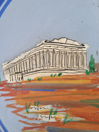 Тарелка декоративная винтажная, синяя керамика в греческом стиле, 28 x 3 см, Греция, 1970-80гг.