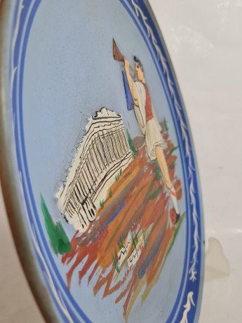 Тарелка декоративная винтажная, синяя керамика в греческом стиле, 28 x 3 см, Греция, 1970-80гг.
