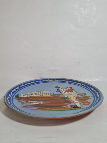 Тарелка декоративная винтажная, синяя керамика в греческом стиле, 28 x 3 см, Греция, 1970-80гг.