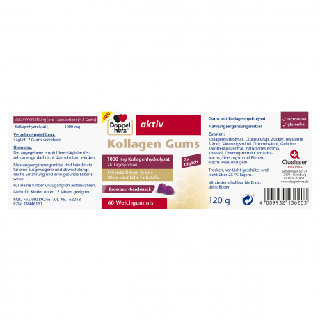 Doppelherz aktiv Kollagen Gums, 60 Weichgummis, 120 g, Гидролизованный коллаген 1000 мг в суточной порции, жевательные пастилки со вкусом ежевики для дополнения рациона, 60 шт., 120 г