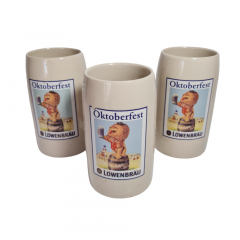 Немецкая пивная кружка винтажная Lowenbrau / Oktoberfest с изображением льва, керамика, 3 шт., 0.5 л, 15 см, Германия, 1970-80гг.