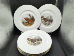 Набор сервировочных тарелок винтажных Wundsiedel Bavaria &quot;Лось&quot;, &quot;Кабан&quot;, &quot;Заяц&quot;, 6 шт., фарфор, 27 см, Германия, 1960-70гг.