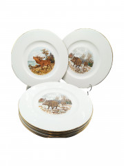 Набор сервировочных тарелок винтажных Wundsiedel Bavaria &quot;Лось&quot;, &quot;Кабан&quot;, &quot;Заяц&quot;, 6 шт., фарфор, 27 см, Германия, 1960-70гг.