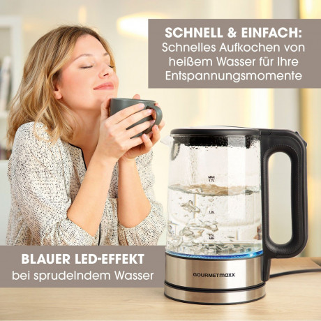 GOURMETmaxx GOURMETmaxx Wasserkocher Glas LED-Beleuchtung 1,7L Antikalkfilter, 1.7 l, 2200,00 W, automatischer Abschalter Чайник GOURMETmaxx стеклянный со светодиодной подсветкой, фильтр от накипи 1,7 л, 1,7 л, 2200,00 Вт, автоматическое отклчение