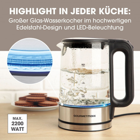 GOURMETmaxx GOURMETmaxx Wasserkocher Glas LED-Beleuchtung 1,7L Antikalkfilter, 1.7 l, 2200,00 W, automatischer Abschalter Чайник GOURMETmaxx стеклянный со светодиодной подсветкой, фильтр от накипи 1,7 л, 1,7 л, 2200,00 Вт, автоматическое отклчение