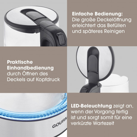 GOURMETmaxx GOURMETmaxx Wasserkocher Glas LED-Beleuchtung 1,7L Antikalkfilter, 1.7 l, 2200,00 W, automatischer Abschalter Чайник GOURMETmaxx стеклянный со светодиодной подсветкой, фильтр от накипи 1,7 л, 1,7 л, 2200,00 Вт, автоматическое отклчение