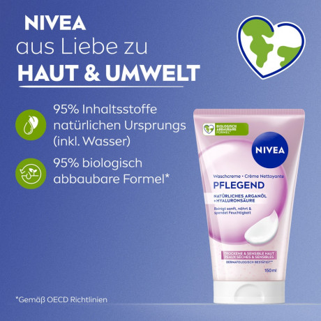 NIVEA Waschcreme Pflegend, 150 ml, Нивеа Очищающий крем для лица, масло ши и провитамин B5, для сухой и чувствительной кожи, 150 мл