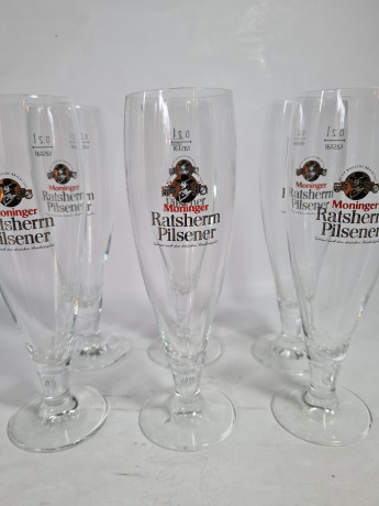 Немецкие бокалы пивные винтажные Moninger / Ratsherrn Pilsener, стекло, 6 шт., 0.2 л, 20 см, Германия, 1980-90гг.