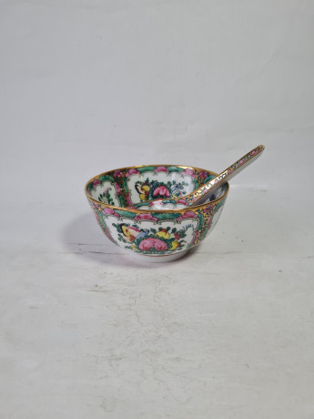 Миска винтажная в трацидионном японском стиле, с ложкой, фарфор, 11.5 см, ложка - 14 см, Япония, 1970-80гг.