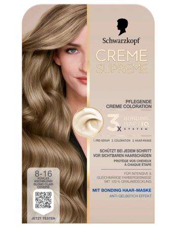 Schwarzkopf Creme Supreme 8-16 Стойкая крем-краска для волос Светлый холодный пепельный блонд, интенсивный уход и 100% закрашивание седины