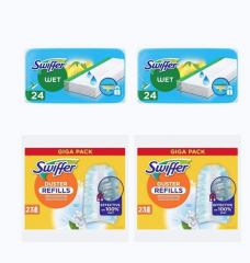 Swiffer SET Wet 24st x 2packs + Duster 23st x 2packs, Набор салфеток для уборки Wet + Duster (Германия) 94 шт (2 уп х 24 шт влажные + 2 уп х 23 шт сухие насадки), для пола и пыли, антистатический эффект, аромат лимона