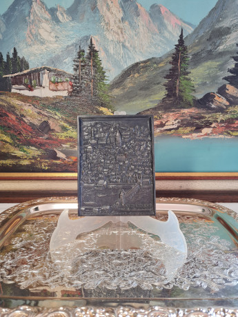 Декоративное панно винтажное MAG Geislingen/Stg, металлическое панно с объемным рельефным изображением г.Гейдельберг, 15,5 x 11,5 см, Германия, 1970-80гг.