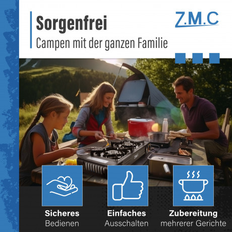 ZMC ZMC Gaskocher PREMIUM 2 flammig Campingkocher Gaskocher Grillplatte+8x Gaskartusche, (Grill Platte Tischgrill Doppel Gasbrenner Gasgrill Kochfeld mit Piezozundung Warmeleistung: 2,0KW), Butan Gas 227g Gaskocher Outdoor Camping Gas Kocher Herd Butangas