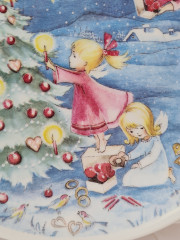 Декоративная тарелка винтажная Clavis Arzberg, белый фарфор с голубым декором &quot;Рождественская елка&quot;, 25,5 x 3 см, Германия, 1960-70гг.