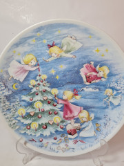 Декоративная тарелка винтажная Clavis Arzberg, белый фарфор с голубым декором &quot;Рождественская елка&quot;, 25,5 x 3 см, Германия, 1960-70гг.