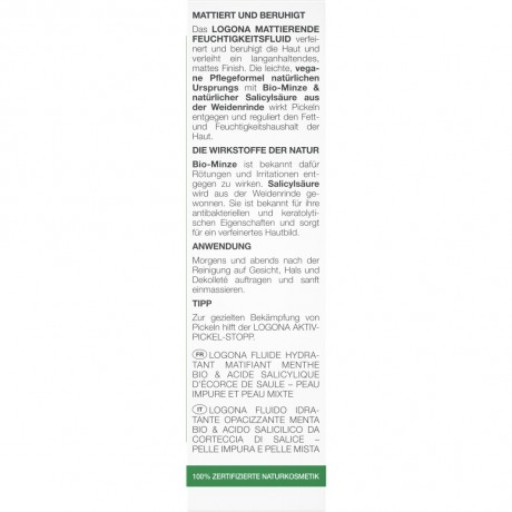 Logona Mattierendes Feuchtigkeitsfluid Bio-Minze & Salicylsaure aus der Weidenrinde Матирующий увлажняющий флюид с органической мятой и салициловой кислотой из коры ивы