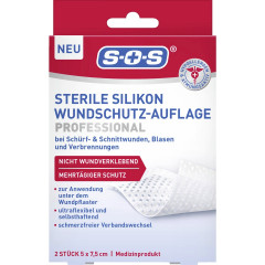 SOS Sterile Silikon Wundschutz-Auflage Professional, 2 Stuck, SOS Стерильная силиконовая раневая накладка Professional, атравматичная, 2 шт.
