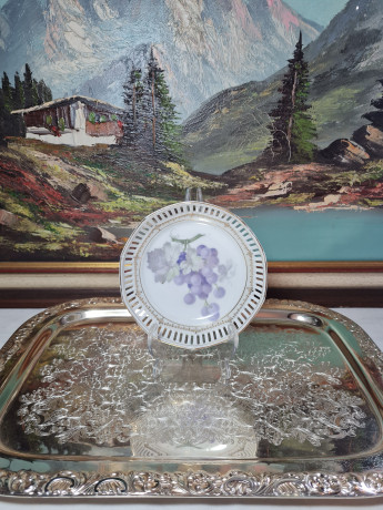 Тарелка винтажная сервировочная Schumann с изображением виноградной лозы, фарфор, 14,5 x 4 см, Германия, 1960-70гг.