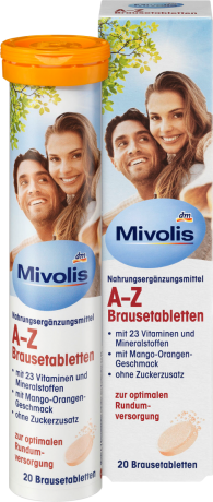 Mivolis A-Z Brausetabletten, Шипучие Мультивитамины от A до Z с манго-апельсиновым вкусом, 20 таб