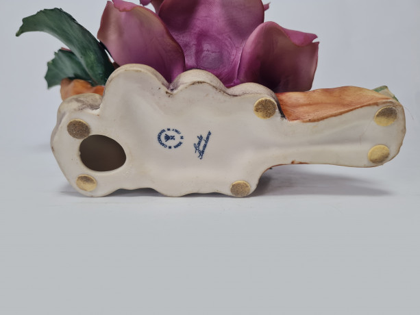 Capodimonte Italy Декоративная фигурка роза фиолетово-розовая с листьями, 10см x 19см, Италия, 1960-70гг.