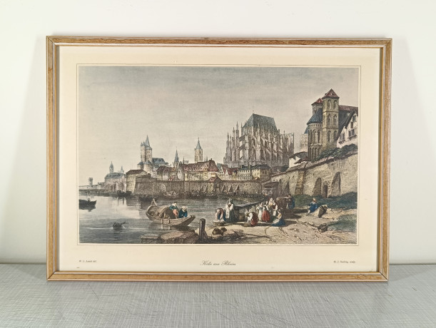 Картина винтажная W.L.Leitch "Кёлн на Рейне (литография 19 века)", графика, паспарту, в раме, 38 х 27 см, Германия, 1980-90гг.