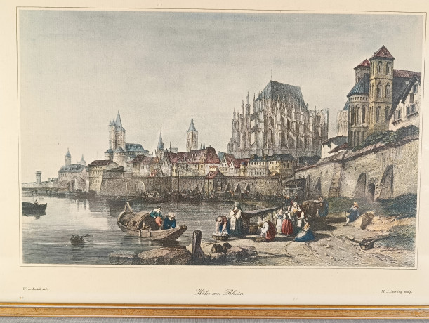 Картина винтажная W.L.Leitch "Кёлн на Рейне (литография 19 века)", графика, паспарту, в раме, 38 х 27 см, Германия, 1980-90гг.