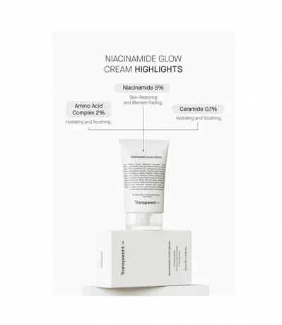 Transparent Lab Niacinamide Glow Cream, Крем для лица с ниацинамидом 5% увлажняющий, выравнивающий тон, от несовершенств и тусклости, с керамидами, 50 мл