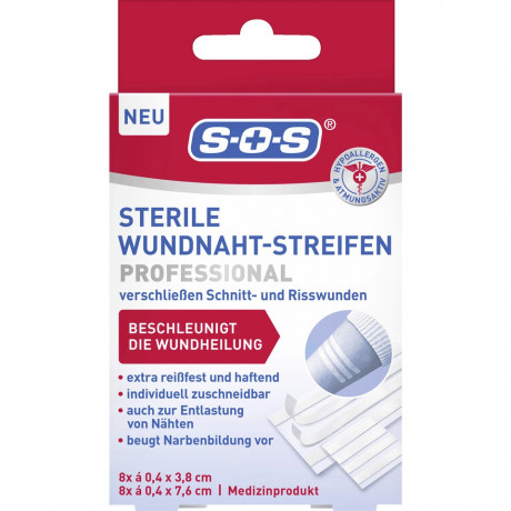 SOS Sterile Wundnaht Streifen Professional, 16 Stuck, SOS Стерильные полоски для стягивания ран Professional, замена швам, 16 шт.