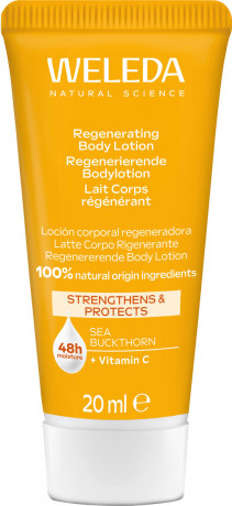 WELEDA Regenerierende Bodylotion, 20 ml, Восстанавливающий лосьон для тела с облепихой, арганой и витамином C, дорожный формат, 20 мл