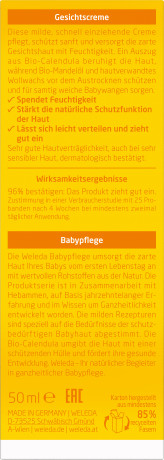 WELEDA baby CALENDULA Gesichtscreme, 50 ml, Детский крем для лица с календулой и миндальным маслом для чувствительной кожи, 50 мл