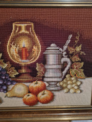 Картина винтажная &quot;Натюрморт с фруктами и бокалами&quot;, гобелен, большой формат, 92 х 52 см, в дерев.раме, Германия, 1960-70гг.