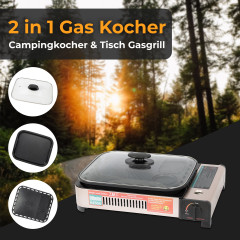 ZMC ZMC Gaskocher 2in1 Gas Kocher Campingkocher Grillplatte Gasgrill Outdoor Camping, (Gaskocher 2.1KW Outdoor Camping Kocher Kochfeld), Herd Tragbarer Tischgrill Grillpfanne+Transportkoffer  Газовая плита ZMC, газовая плита 2-в-1, походная плита, гриль, 