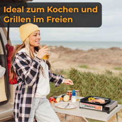 ZMC ZMC Gaskocher 2in1 Gas Kocher Campingkocher Grillplatte Gasgrill Outdoor Camping, (Gaskocher 2.1KW Outdoor Camping Kocher Kochfeld), Herd Tragbarer Tischgrill Grillpfanne+Transportkoffer  Газовая плита ZMC, газовая плита 2-в-1, походная плита, гриль, 