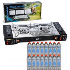 ZMC ZMC Gaskocher Doppel Kartuschenkocher Gaskocher 2 Flammig + 16x Gaskartuschen 227g, (MSF-1a automatische Piezo-Zundung (elektrisch) Herd Butangas), Outdoor Gas Campingkocher 2Fach Gasherd Ofen Butan Kochfeld Gas Kocher  Газовая плита ZMC с двойным кар