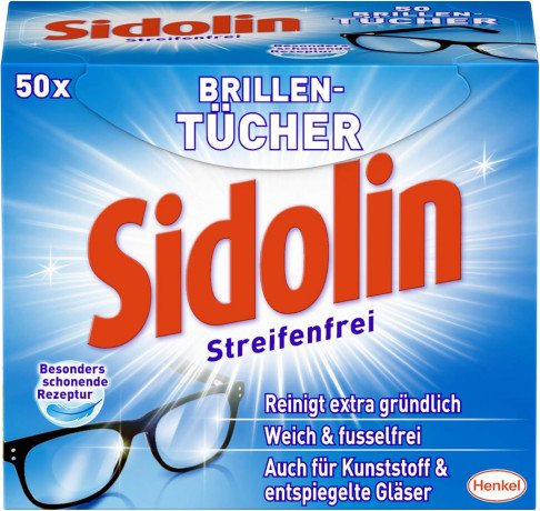 Sidolin Brillenputztucher 50 Stk, Sidolin салфетки для очков и экранов влажные, без разводов, мягкая очистка линз, дисплеев и стекла, 50шт