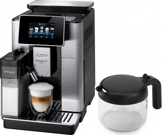 De'Longhi De'Longhi Kaffeevollautomat PrimaDonna Soul ECAM 610.75.MB, inkl. Kaffeekanne im Wert von UVP € 29,99 + Glaser-Set UVP € 46,90  Полностью автоматическая кофемашина De'Longhi PrimaDonna Soul ECAM 610.75.MB, включая кофейник стоимостью 29,99 евро 