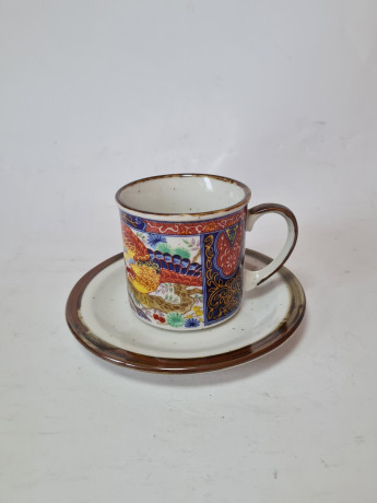 Набор для чая с ярким рисунком "Птицы и цветы": чайник + 3 чашки с блюдцами в стиле Royal Peacock Japan, Япония, 1960-70гг.