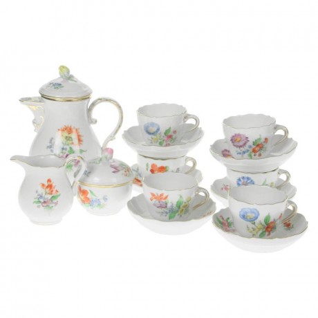 Meissen Meissen  'Neuer Ausschnitt - Blume 3 mitte bunt mit Goldrand' Espressoservice 6 Personen 15-tlg. Meissen "New cut - flower 3 центр разноцветный с золотым ободком" Сервиз для эспрессо на 6 персон 15 предм.