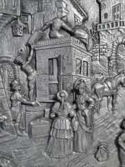 Панно-барельеф винтажное &quot;Рыночная площадь XIX века&quot;, литье, олово, ручная работа , 31.5 х 29.5 см, Германия, 1960-70гг.