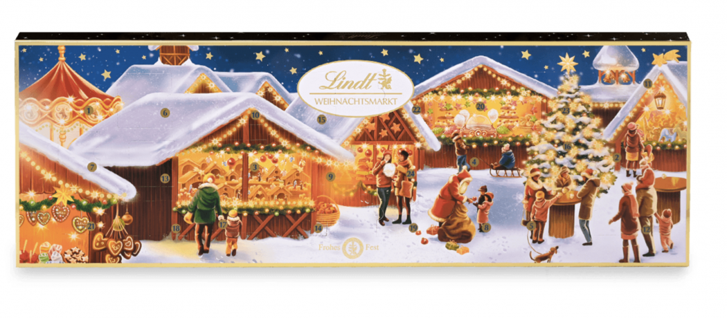 Lindt 2025 Adventskalender 250g, Адвент-календарь большой "Рождественская ярмарка", 24 сладких сюрприза, 75см х 25см, 500 г, 2 штуки