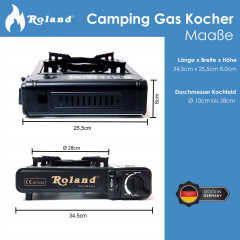 Roland Roland Gaskocher Outdoor Camping Gaskocher mit automatischer Piezozundung Kochfeld, (1 flammig Campingkocher Inkl. Tragekoffer Campinggaskocher Universalkocher Kocher mobiler Gasherd mobil Kartuschenkocher mit Piezo Zundung Kohleanzunder, 1-St., pe
