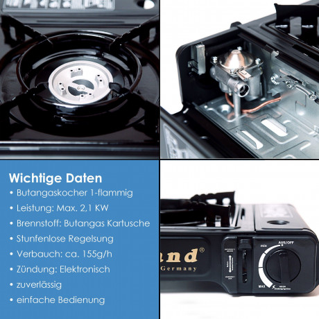 Roland Roland Gaskocher Outdoor Camping Gaskocher mit automatischer Piezozundung Kochfeld, (1 flammig Campingkocher Inkl. Tragekoffer Campinggaskocher Universalkocher Kocher mobiler Gasherd mobil Kartuschenkocher mit Piezo Zundung Kohleanzunder, 1-St., pe