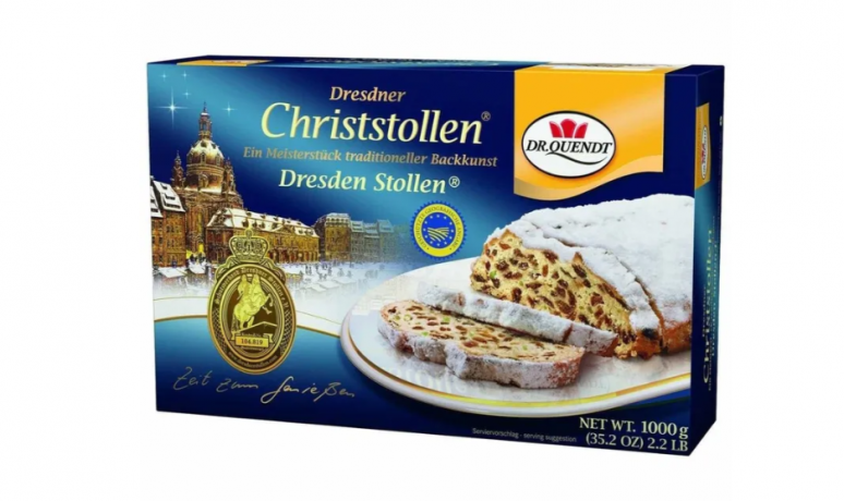 Dr. Quendt Echter Dresdner Christstollen 3stk Набор 3 Штоллена x 1 кг в подарочной упаковке, Немецкий рождественский кекс с изюмом и орехами