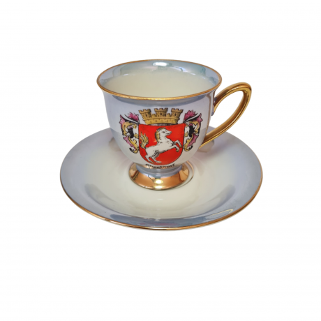 Кофейная пара винтажная Bavaria Waldershof, светло-сине-белый фарфор с изображением герба г.Оберстдорф, 8 x 6 см / 11,5 см, Германия, 1960-70гг.