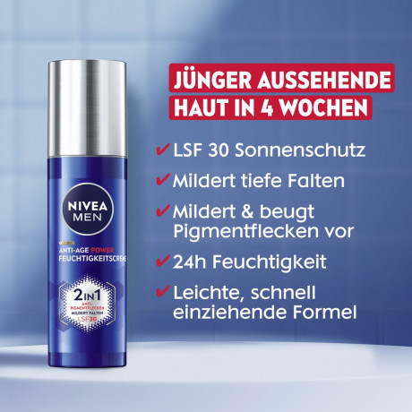 NIVEA MEN Anti-Age Power Feuchtigkeitscreme 2in1 LSF 30, 50 ml, Нивеа Мужской крем для лица anti-age 2 в 1, SPF 30, гиалурон, защита от UV и морщин, 50 мл