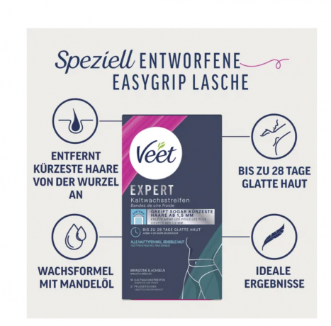 Veet EXPERT Kaltwachsstreifen Bikini & Achseln, alle Hauttypen Экспериментальные полоски для депиляции в зоне бикини и подмышках, подходят для всех типов кожи 16шт