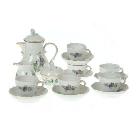 Meissen Meissen Neuer Ausschnitt - Indische Fels- Blumen- und Vogelmalerei 125 bunt mit Goldrand Espressoservice 6 Personen 15-tlg. Новый раздел Мейсена - Индийская роспись скал, цветов и птиц 125 красок с золотым ободком эспрессо сервиз 6 персон 15 шт.