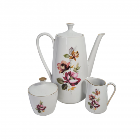 Набор для кофе винтажный GKC Bavaria / 74 er с сиреневым цветком, молочник, сахарница, чайник, фарфор, Германия, 1960-70гг.